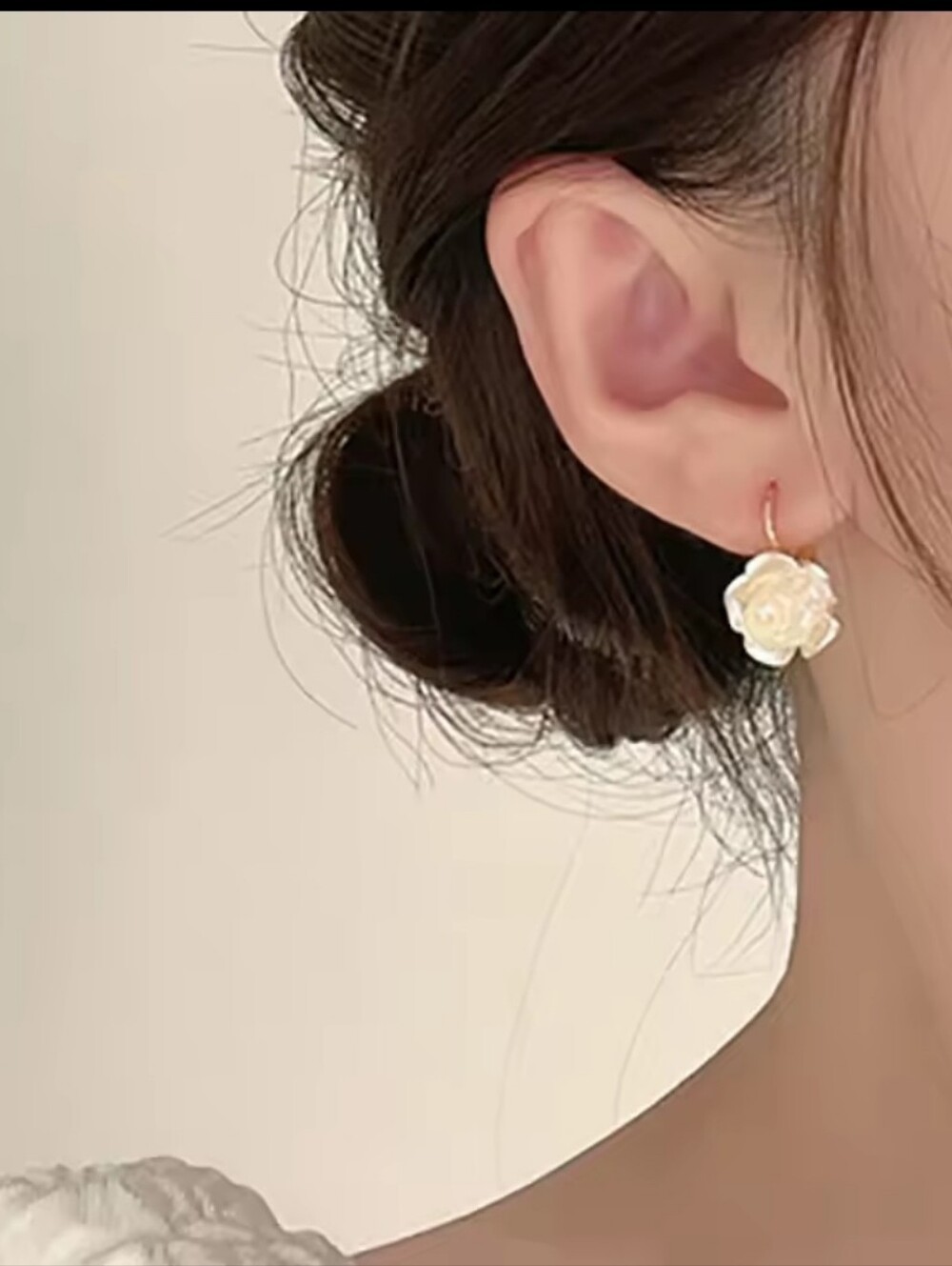 Gold Hoop Earrings with White Rose Charms - Wedding Bridal Jewelry